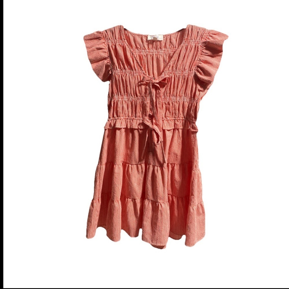 PEach LoveCalifornia Gingham smocked bodice flutters slave tiered midi dress J-2
